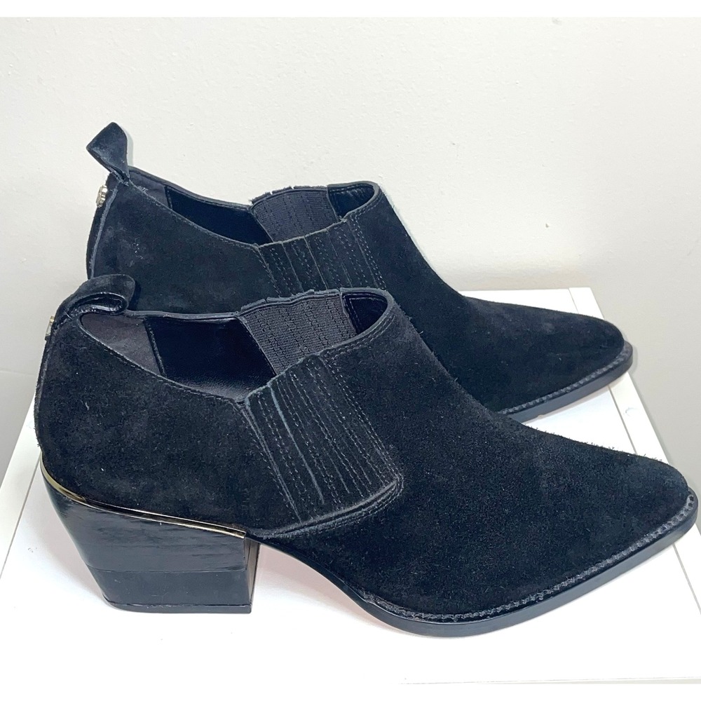 DKNY Black Suede Pointed Toe Western Ankle Booties Block Heel Women's Size 8 - Picture 3 of 8